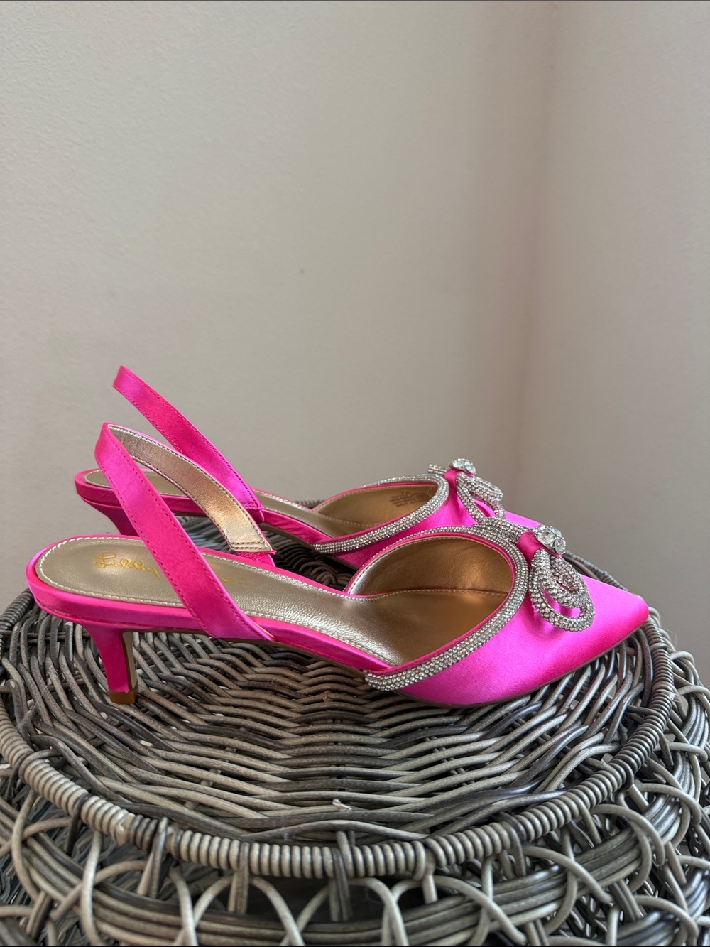 Lilly Pulitzer Hot Pink Satin Slingback Heels with Crystal Bow - Picture 4 of 12